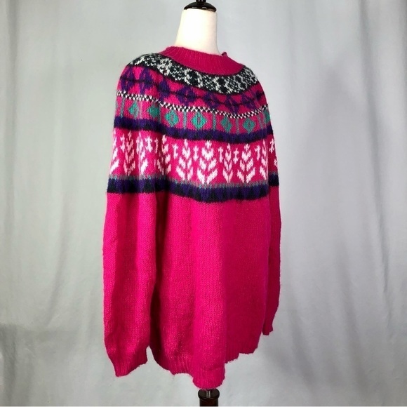 VINTAGE Venezia bright pink fair isle sweater faux mohair 1980s 18/20 - Picture 8 of 8